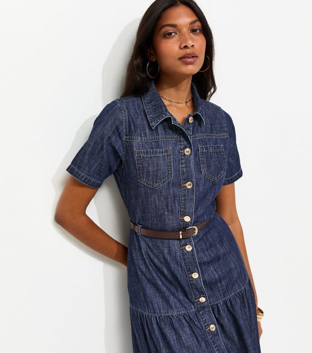 New Look Women's Blue Cotton Short Sleeve Tiered Belted Denim Midi Dress New Look - 3