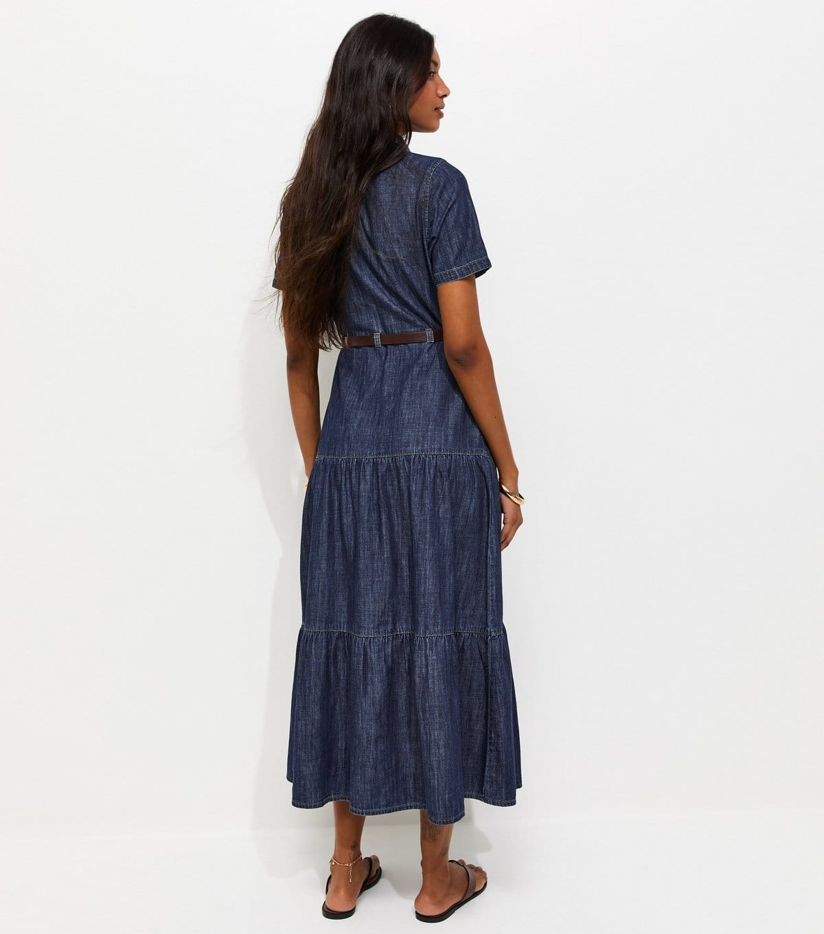 New Look Women's Blue Cotton Short Sleeve Tiered Belted Denim Midi Dress New Look - 4