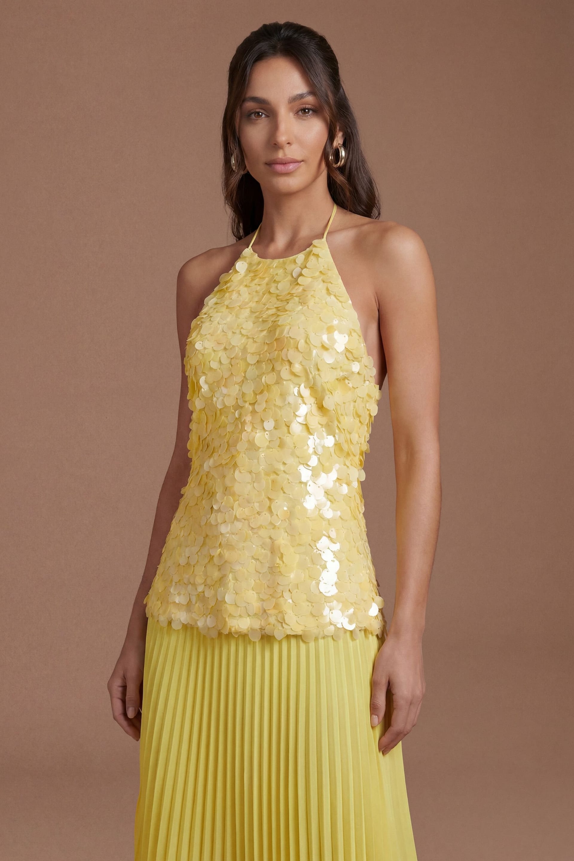 Coast Coast Women's Halter Neck Sequin Pleated Midi Dress in Yellow - 4