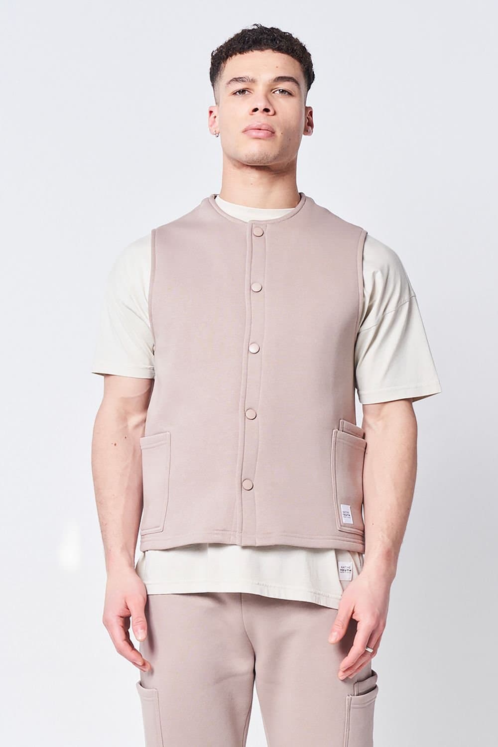 Native Youth Native Youth Men's Cotton Rich Jersey Waistcoat With Pockets in Taupe