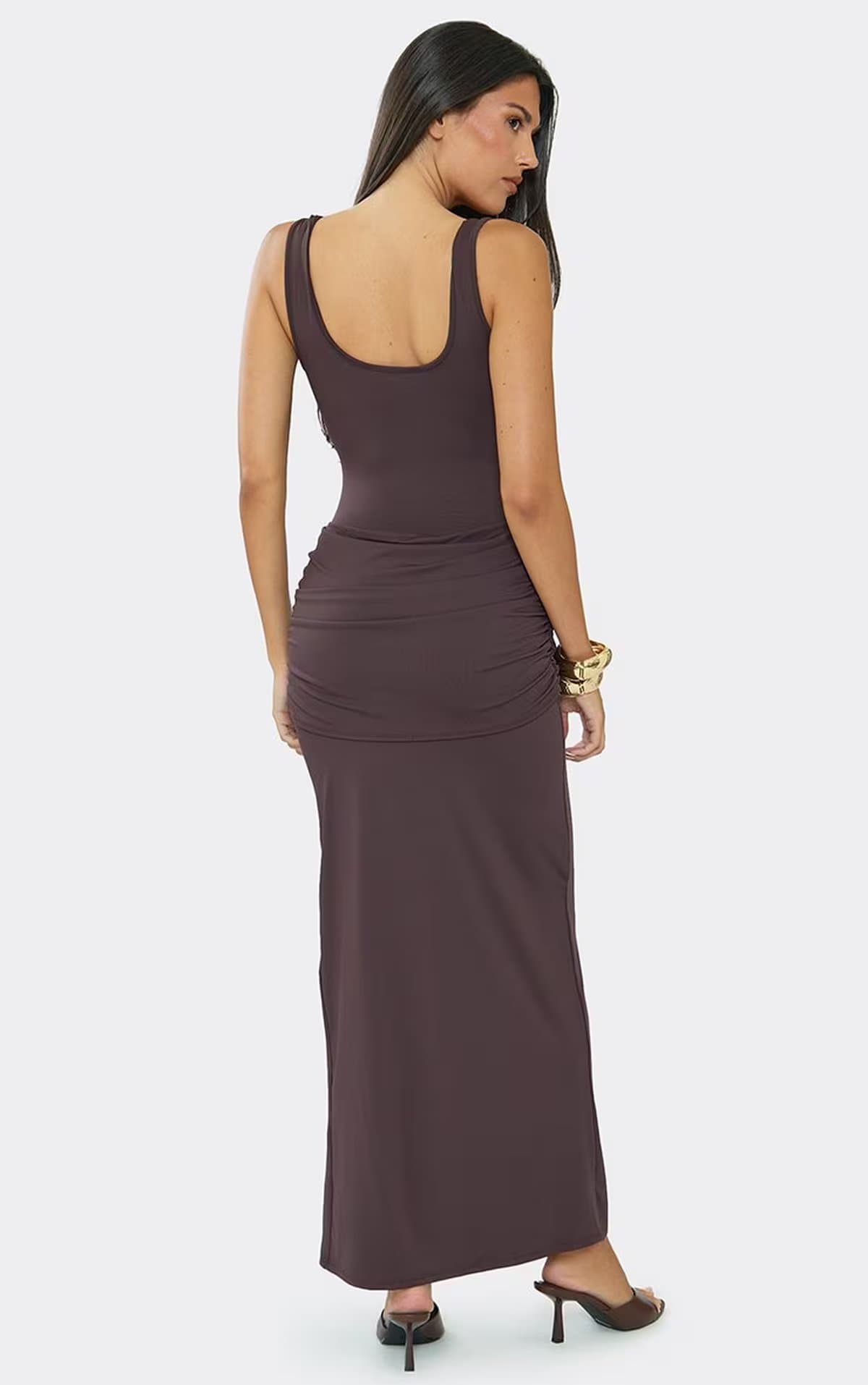 EGO Scoop Neck Draped Front Maxi Dress In Brown., Women's Size UK 6