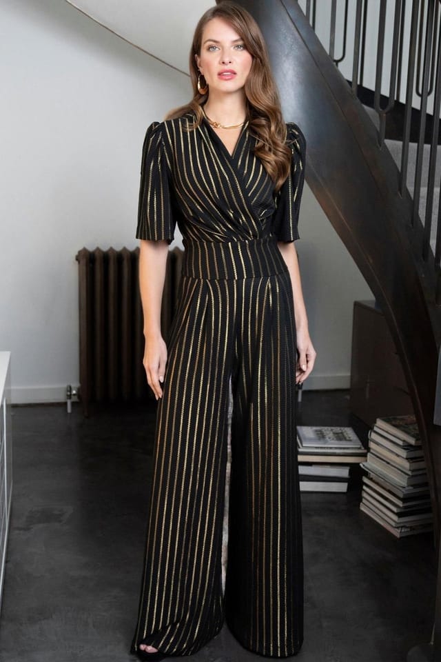 Hot Squash Hot Squash Women's Gold Stripe Wide Leg Jumpsuit in Black - 3