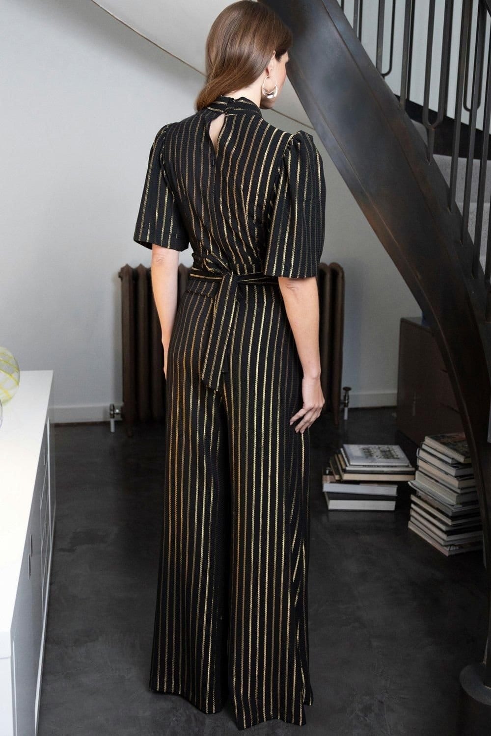 Hot Squash Hot Squash Women's Gold Stripe Wide Leg Jumpsuit in Black - 4