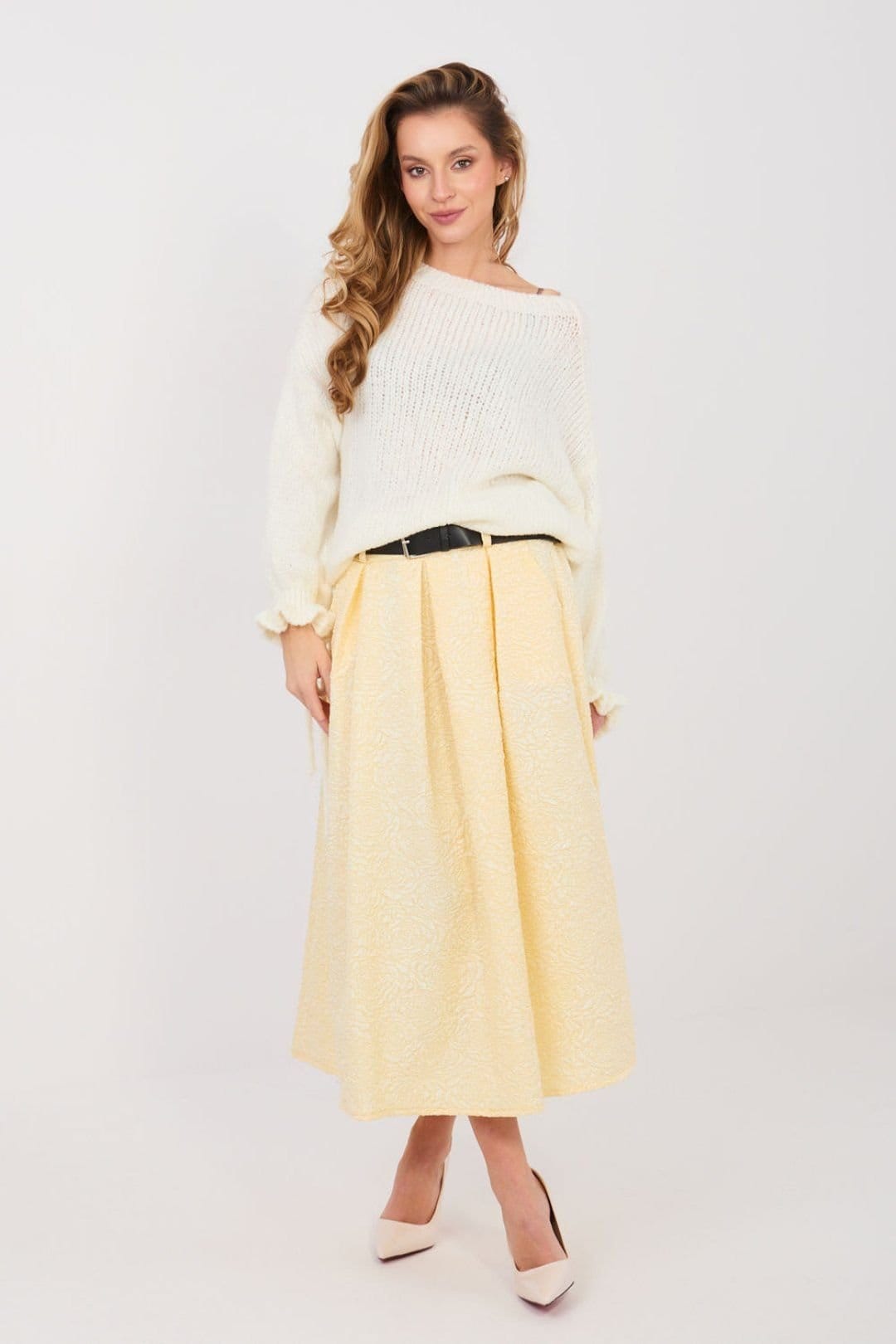 Love Lace Yellow Front Pleated Flared Midi Skirt