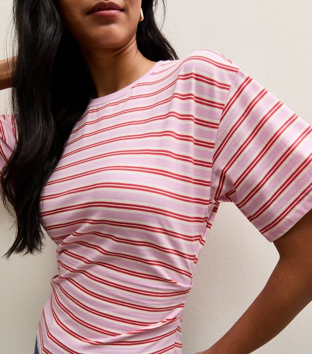 New Look Women's Pink Striped Ruched Waist Crew Neck T-Shirt New Look - 2