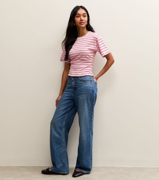New Look Women's Pink Striped Ruched Waist Crew Neck T-Shirt New Look - 3