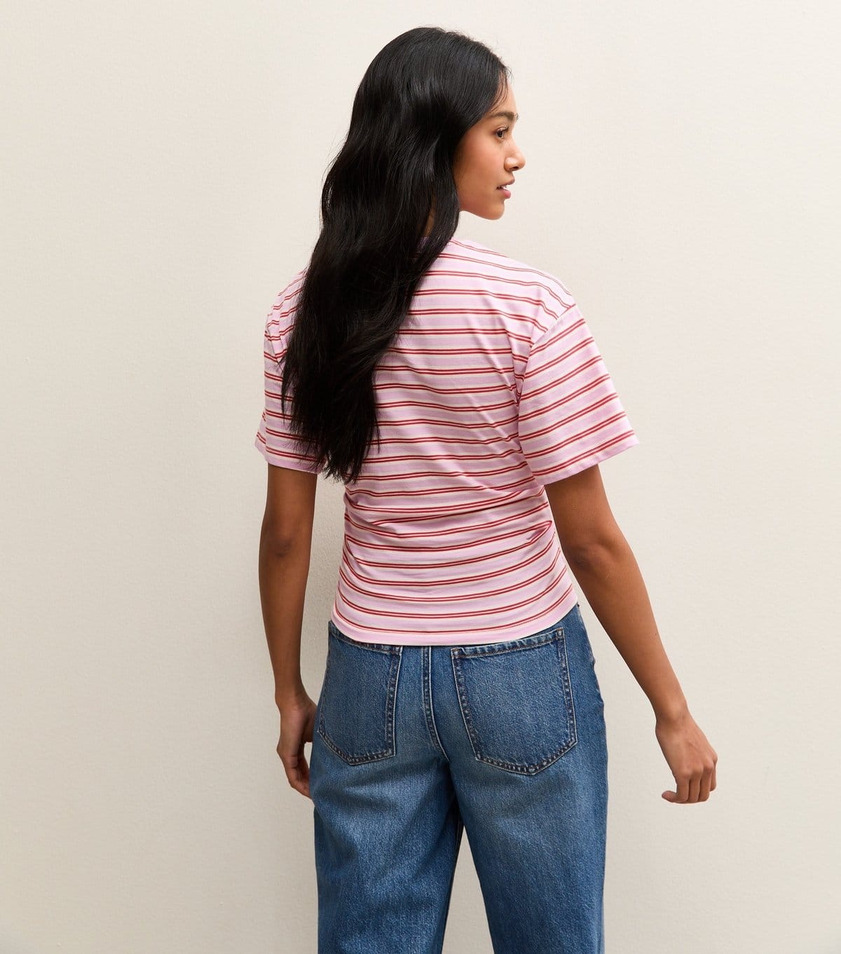 New Look Women's Pink Striped Ruched Waist Crew Neck T-Shirt New Look - 4