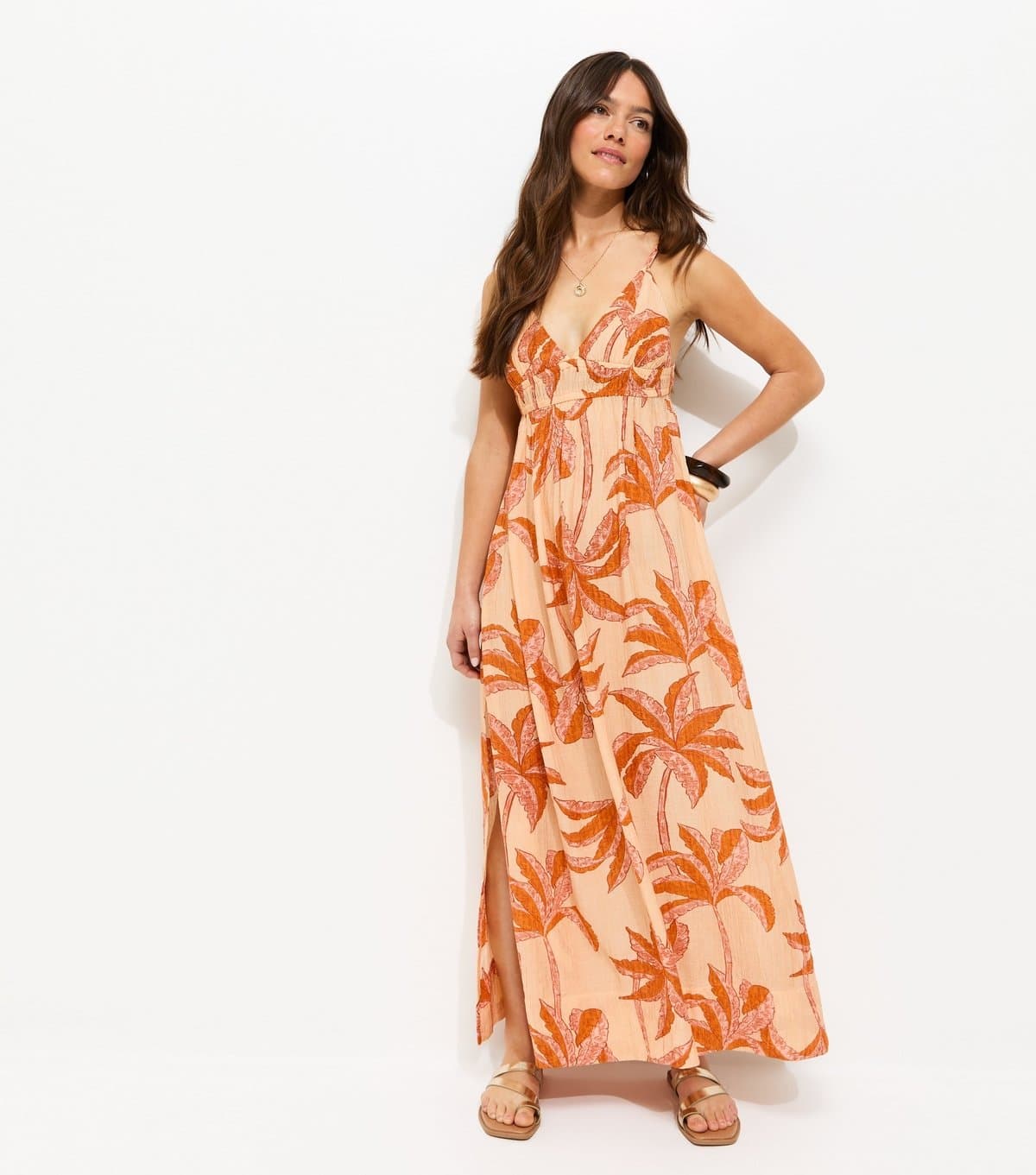 New Look Women's Petite Orange Palm Tree Print Maxi Beach Dress New Look