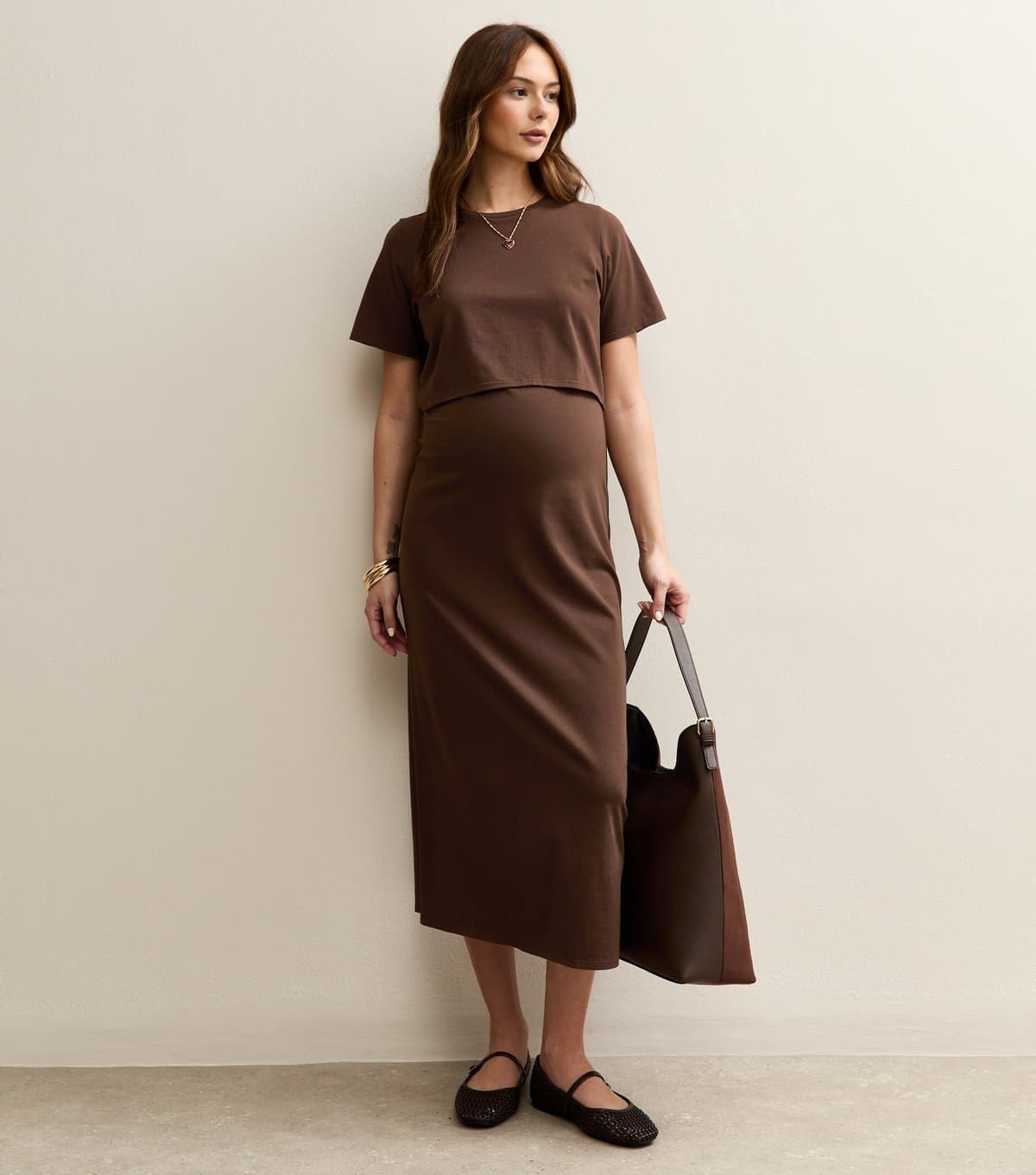 New Look Women's Maternity Dark Brown Layered Crew Neck Nursing Midi Dress New Look
