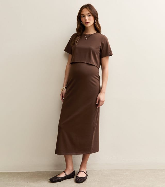 New Look Women's Maternity Dark Brown Layered Crew Neck Nursing Midi Dress New Look - 3