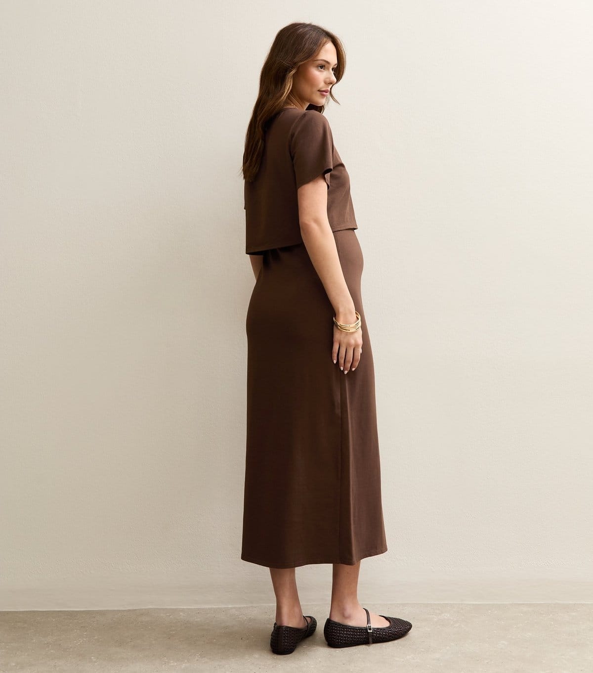 New Look Women's Maternity Dark Brown Layered Crew Neck Nursing Midi Dress New Look - 4