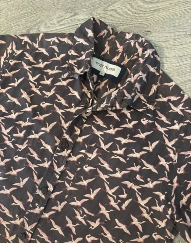 River Island River Island Black Crane Bird Print Short Sleeve Shirt Size S Festival Summer Casual