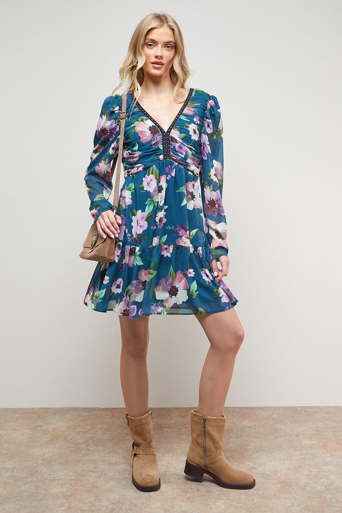 Oasis Oasis Women's Printed Statement Shoulder Ruched Body Mini Dress