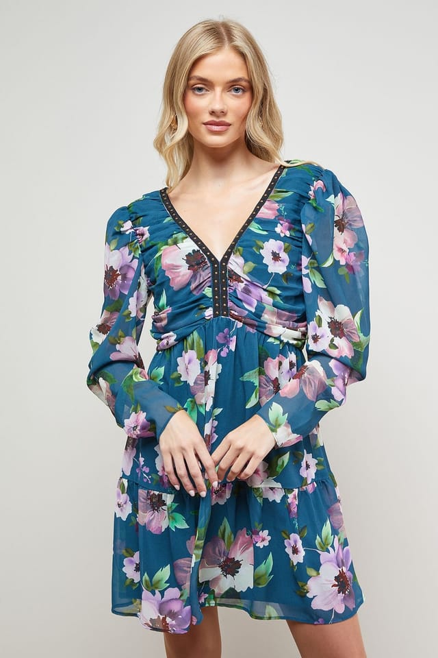 Oasis Oasis Women's Printed Statement Shoulder Ruched Body Mini Dress - 2