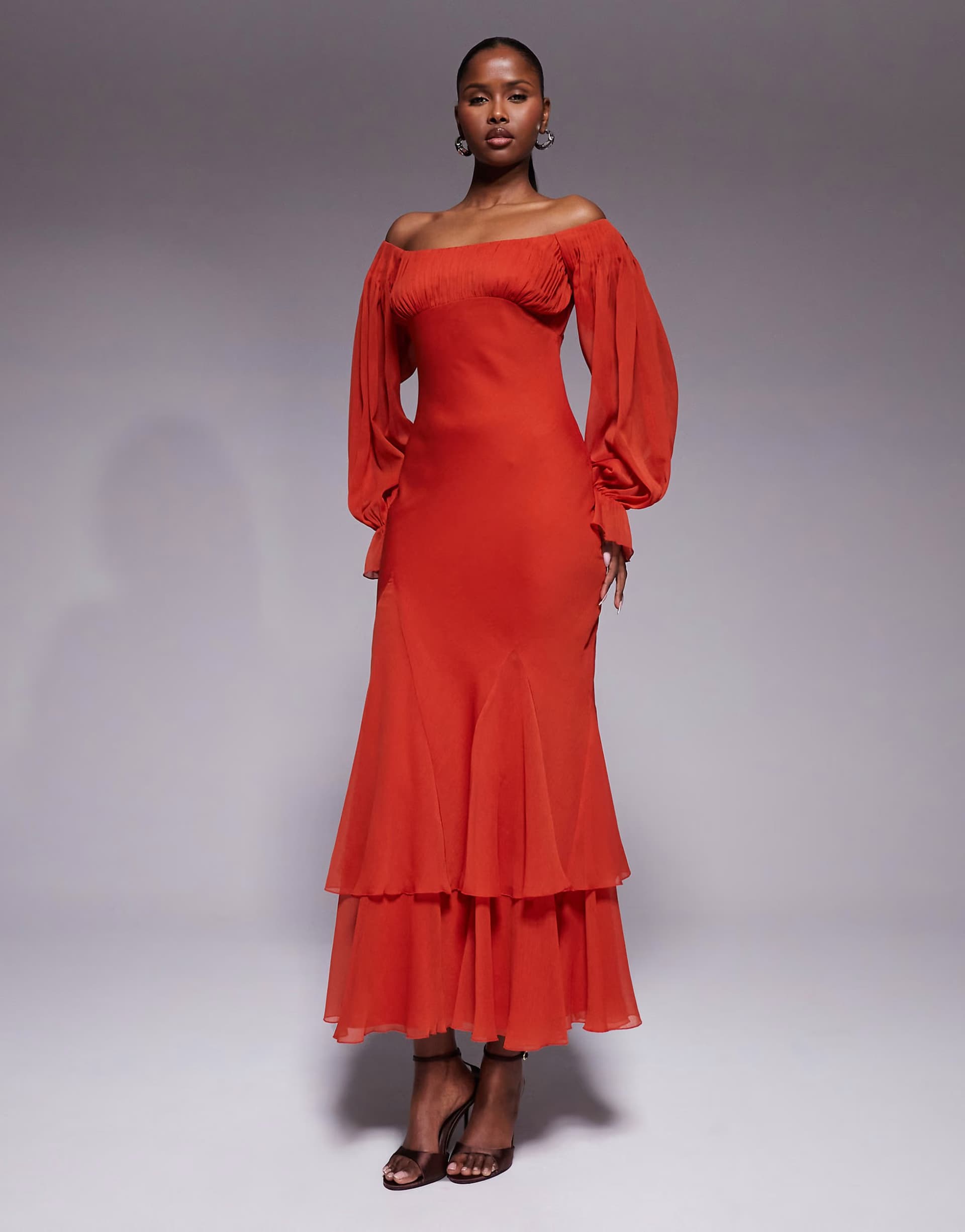 ASOS ASOS DESIGN bardot ruffle maxi dress with tiered godets and blouson sleeves in red