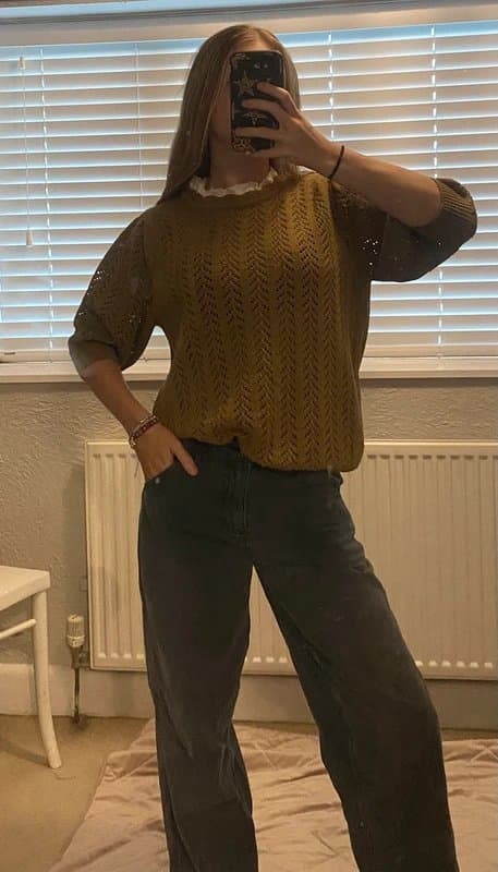 Next Old label next beige khaki crochet knit short sleeved jumper with lace collar