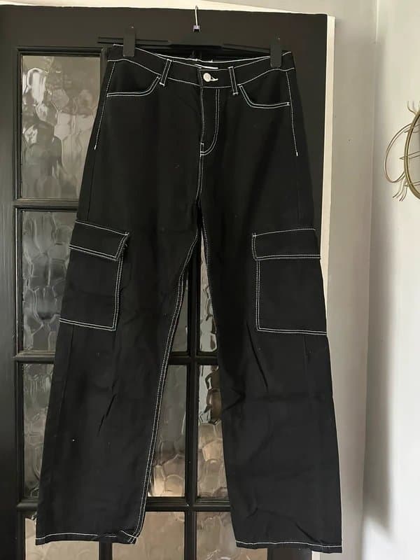 Bershka Black, white stitching cargo trousers