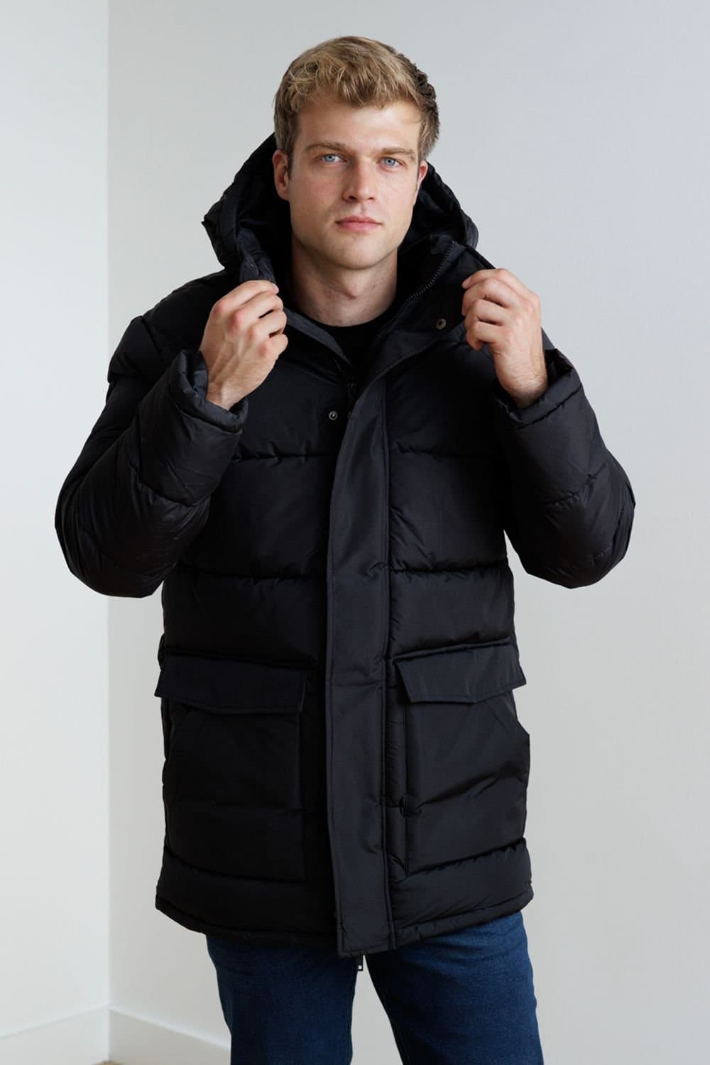 French Connection French Connection Men's Hooded Parka Longline Zip-Through Jacket in Black
