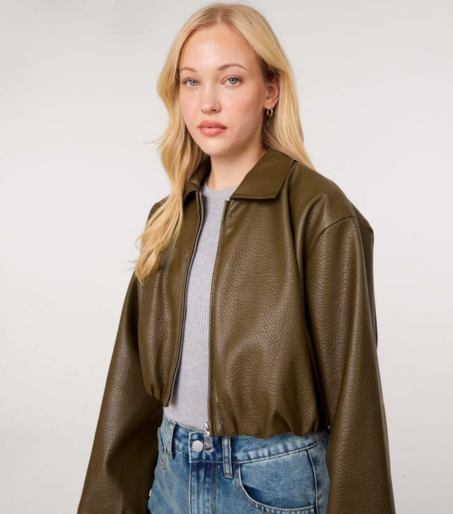 Pink Vanilla Women's Light Khaki Faux Leather Puff Ball Jacket Pink Vanilla New Look - 3