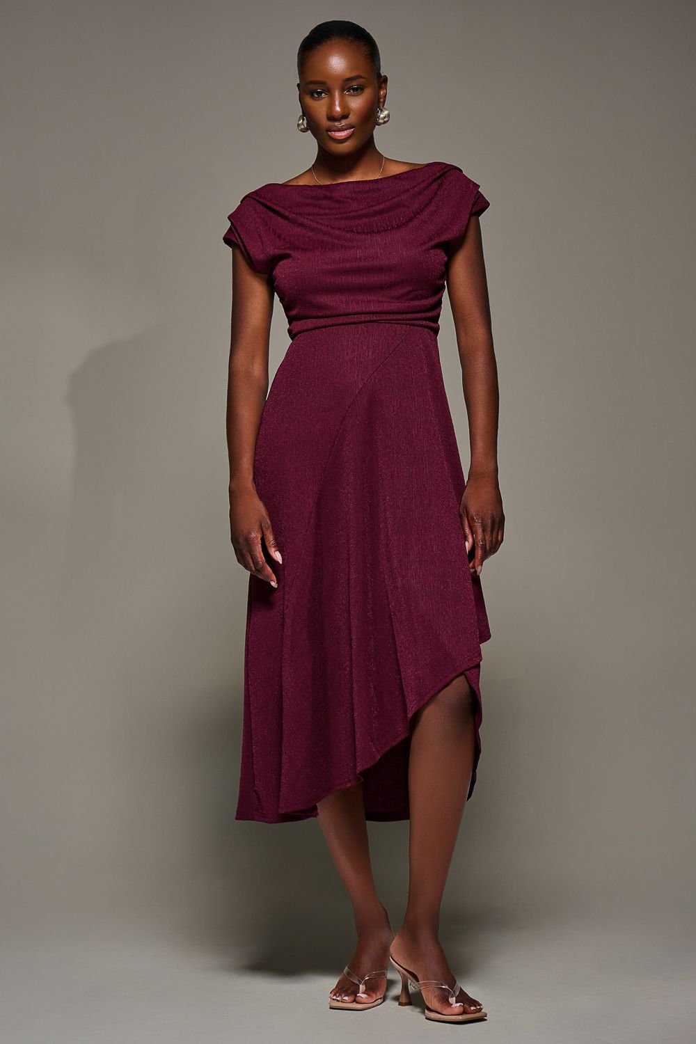 Jolie Moi Jolie Moi Women's Draped Jersey Cowl Neck Midi Dress in Burgundy - 3