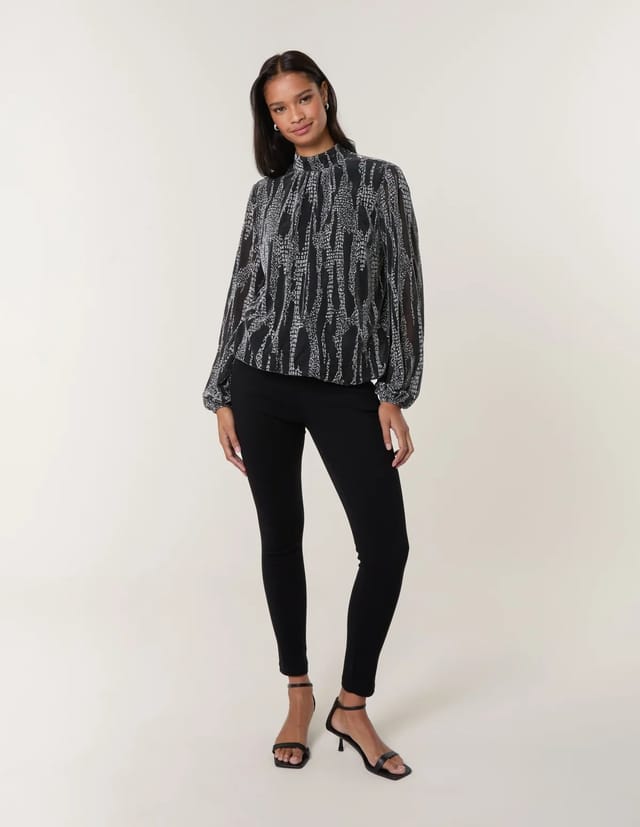Blue Vanilla Snake High Neck Puff Ball Blouse - 2
