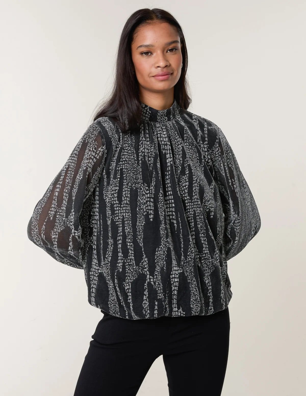 Blue Vanilla Snake High Neck Puff Ball Blouse - 4