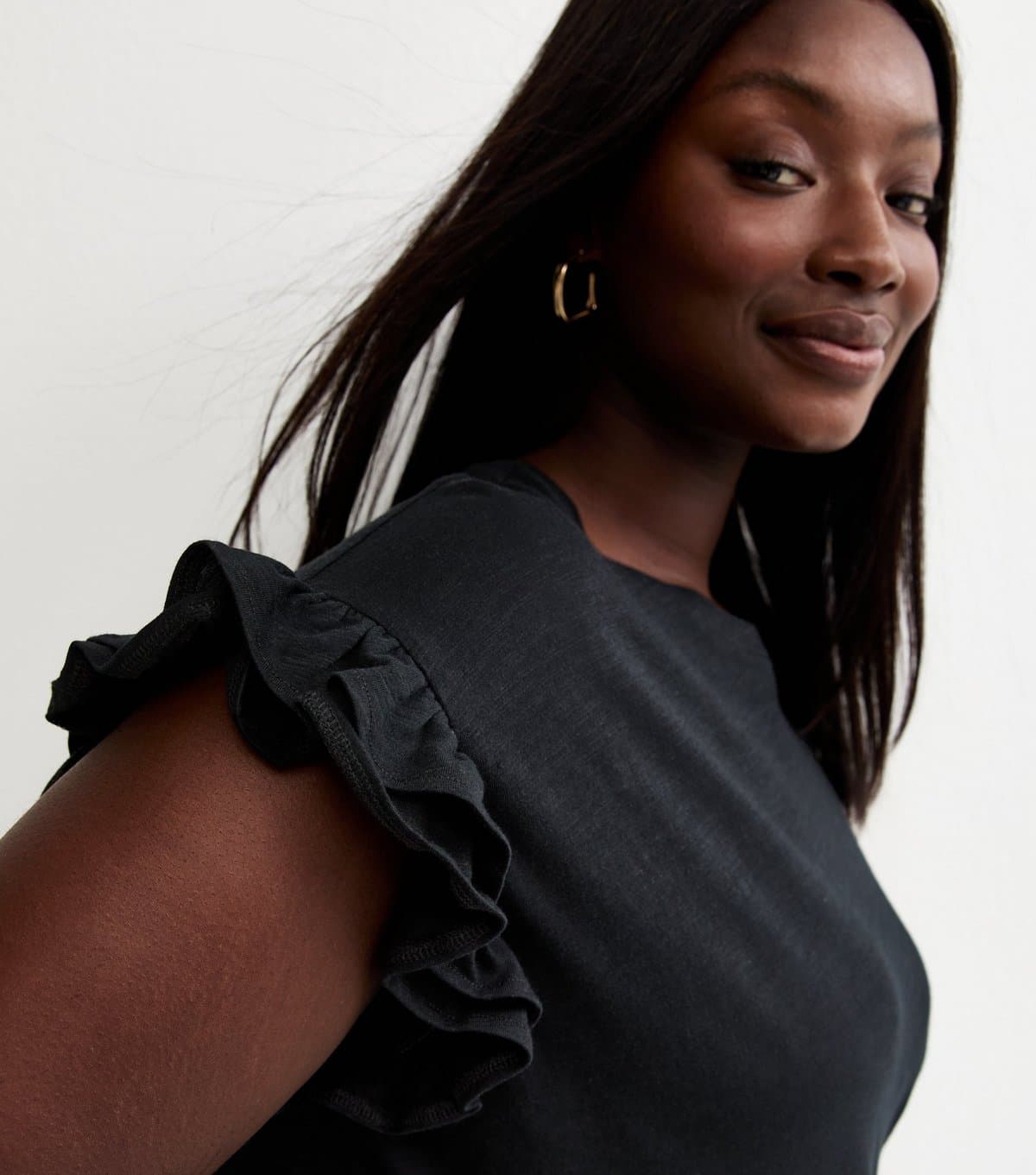 New Look Women's Plus Size Black Frill Sleeve Slub Top Curves New Look