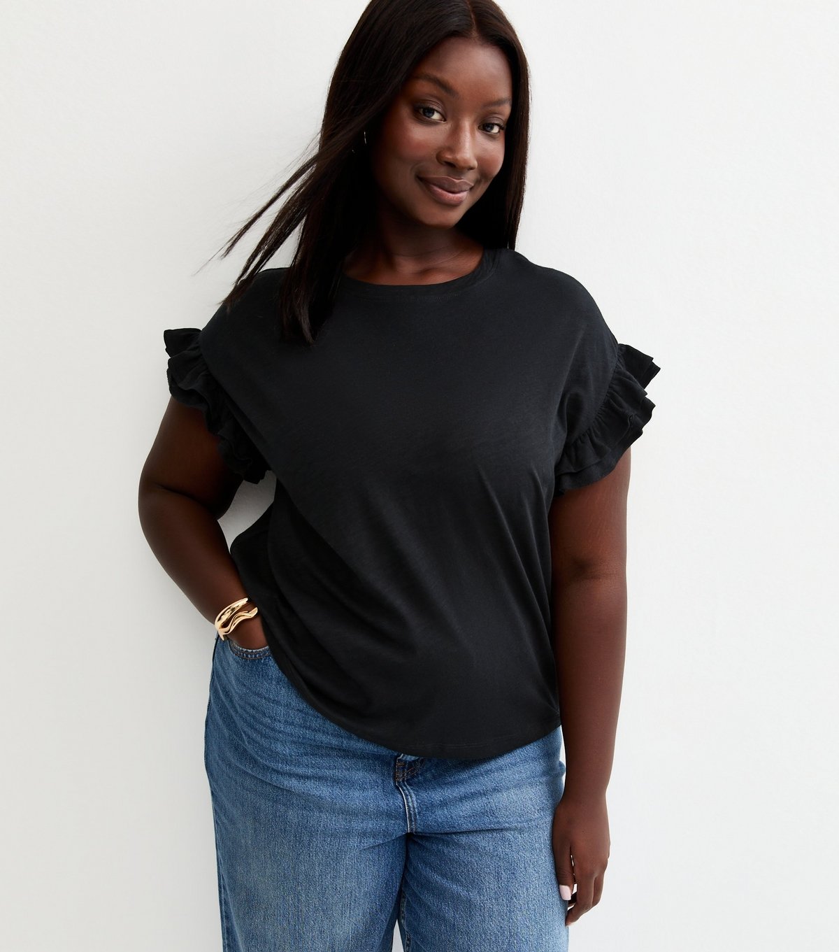 New Look Women's Plus Size Black Frill Sleeve Slub Top Curves New Look - 3