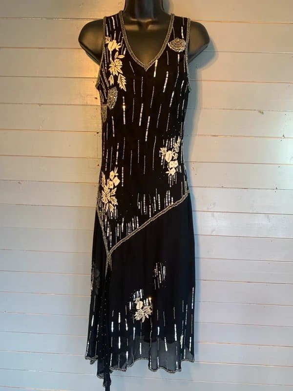 Phase Eight Stunning Phase Eight Y2K 100% Silk Art Deco Sequin Asymmetric Hanky Hem Evening Dress UK 10