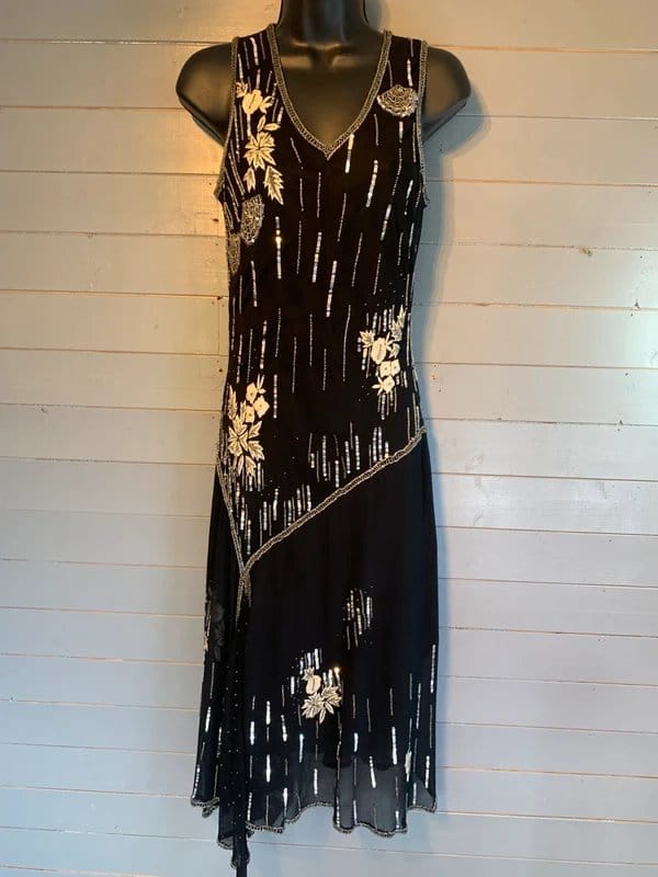 Phase Eight Black Silk Art Deco Sequin Evening Dress UK 10