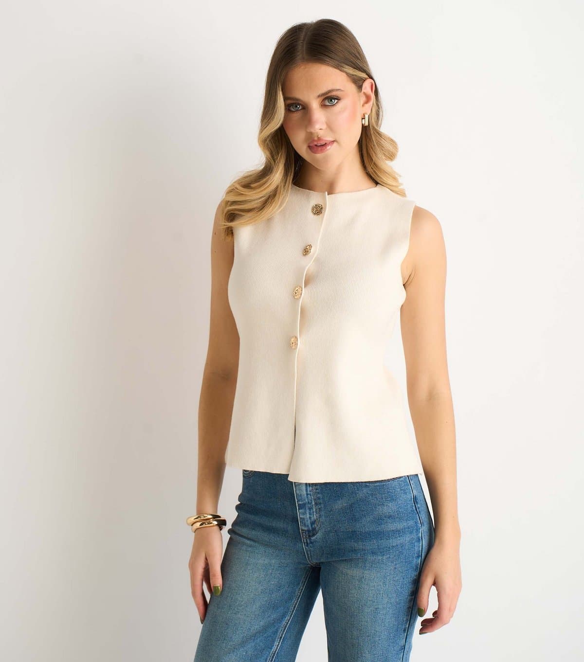 Gini London Women's Off White Button Front Compact Knit Waistcoat Gini London New Look