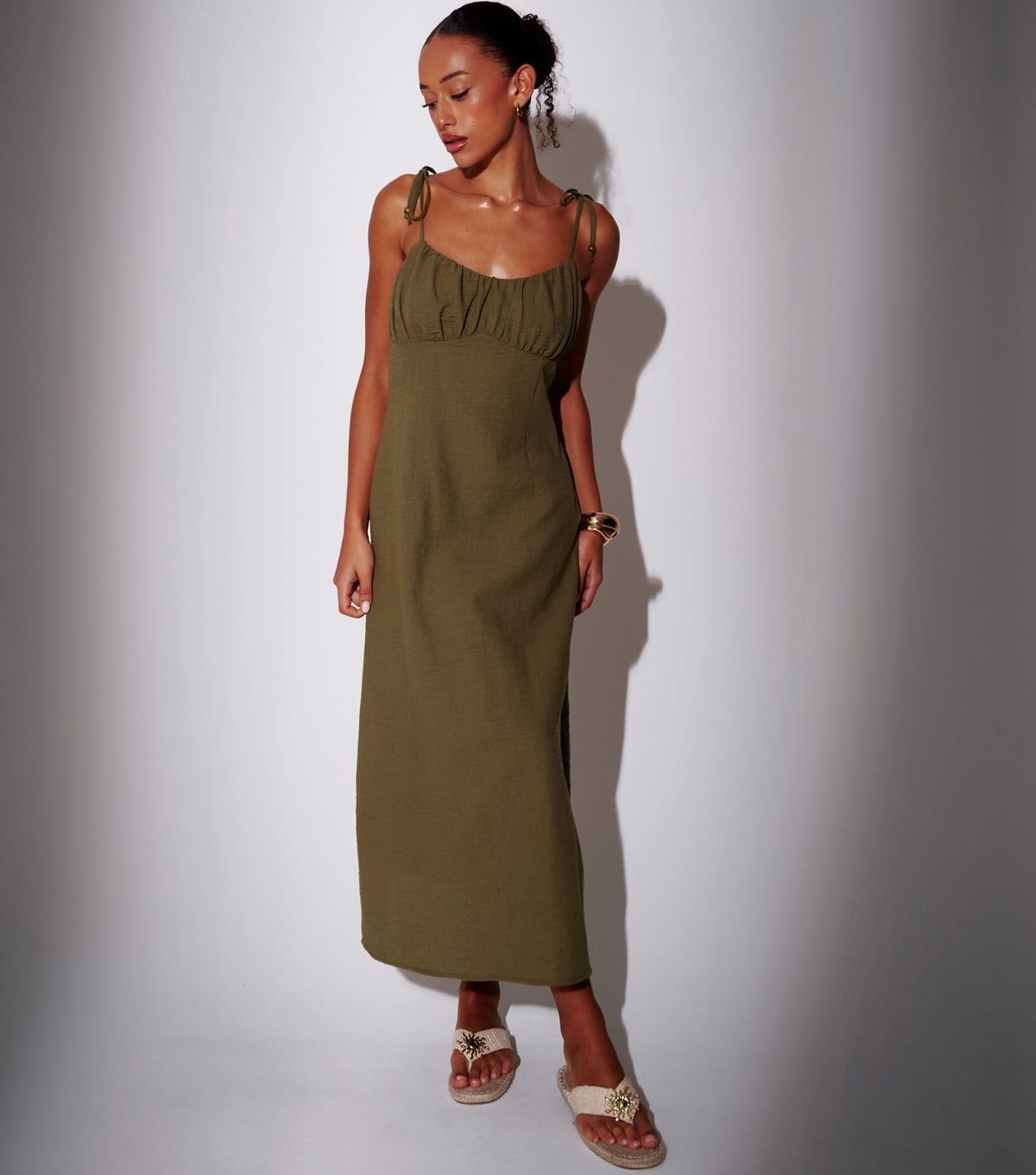 South Beach Khaki Ruched Bodice Midi Dress