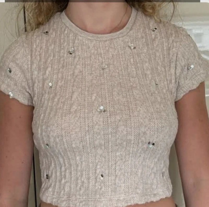 Bershka Cream Knit Crop Top with Sequins