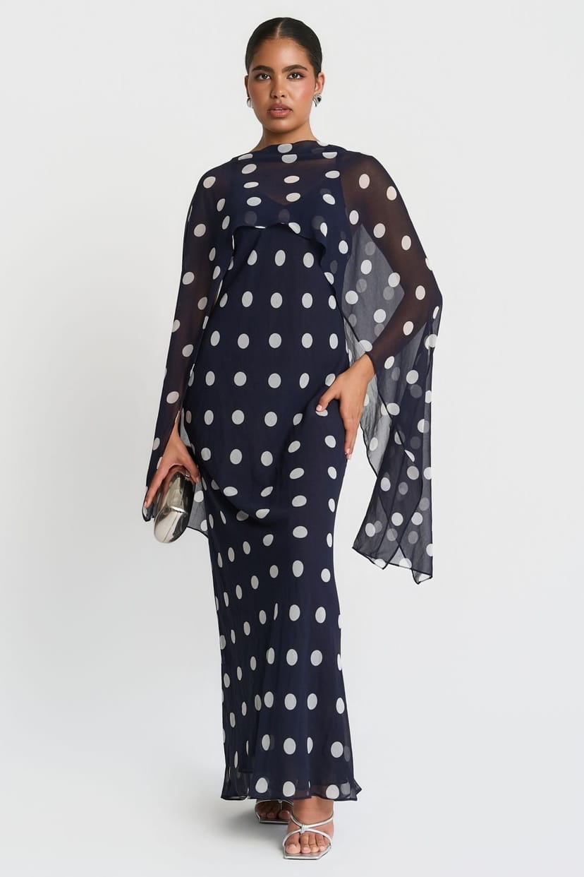Needs No Label Needs No Label Women's Navy Spot Chiffon Cape Maxi Dress - 1
