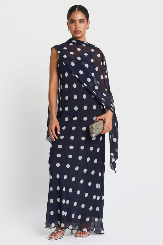 Needs No Label Needs No Label Women's Navy Spot Chiffon Cape Maxi Dress - 2