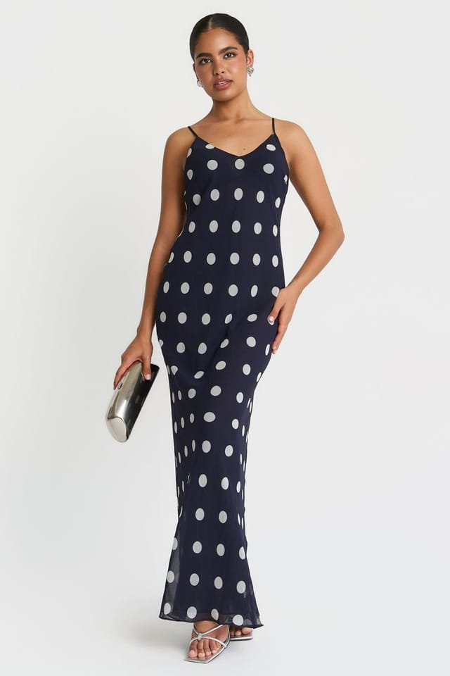 Needs No Label Needs No Label Women's Navy Spot Chiffon Cape Maxi Dress - 3