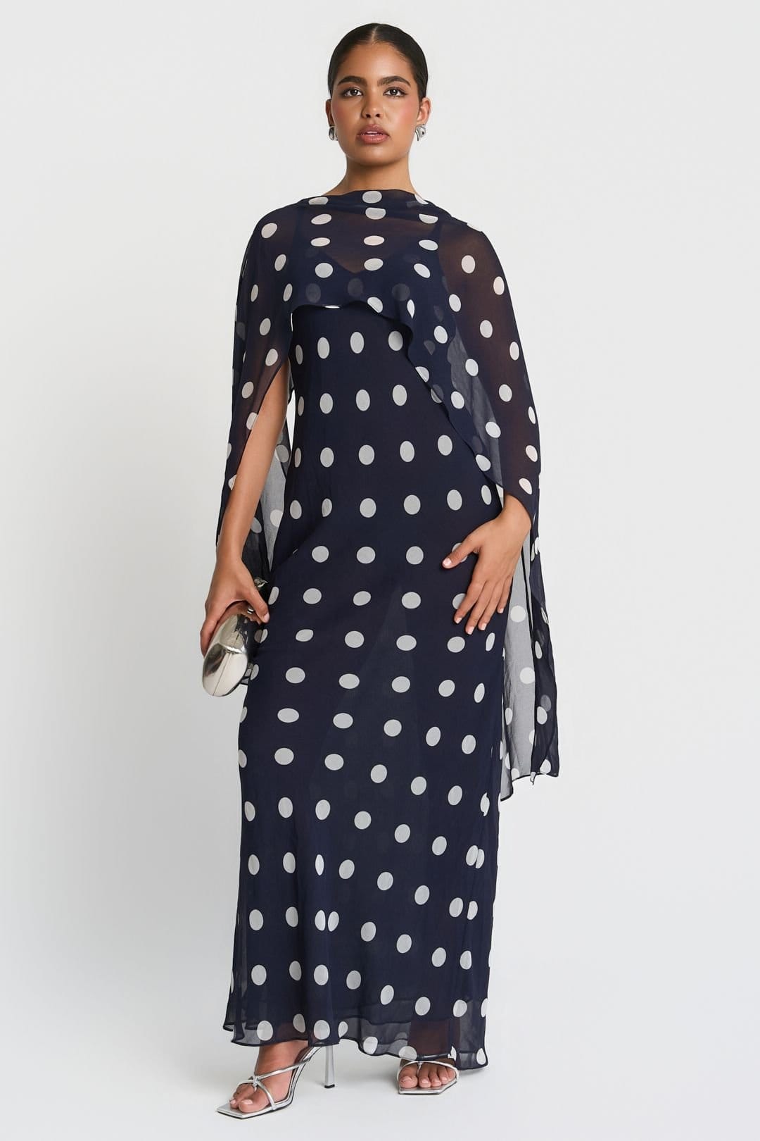 Needs No Label Needs No Label Women's Navy Spot Chiffon Cape Maxi Dress - 4