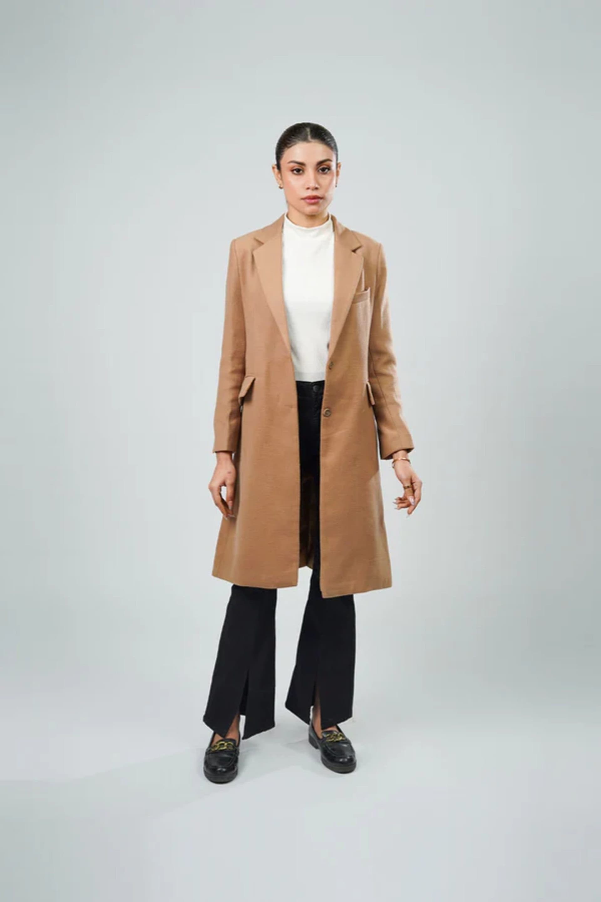 Zafosh Zafosh Beige Longline Neutral Coat - Elegant Tone Long Coat