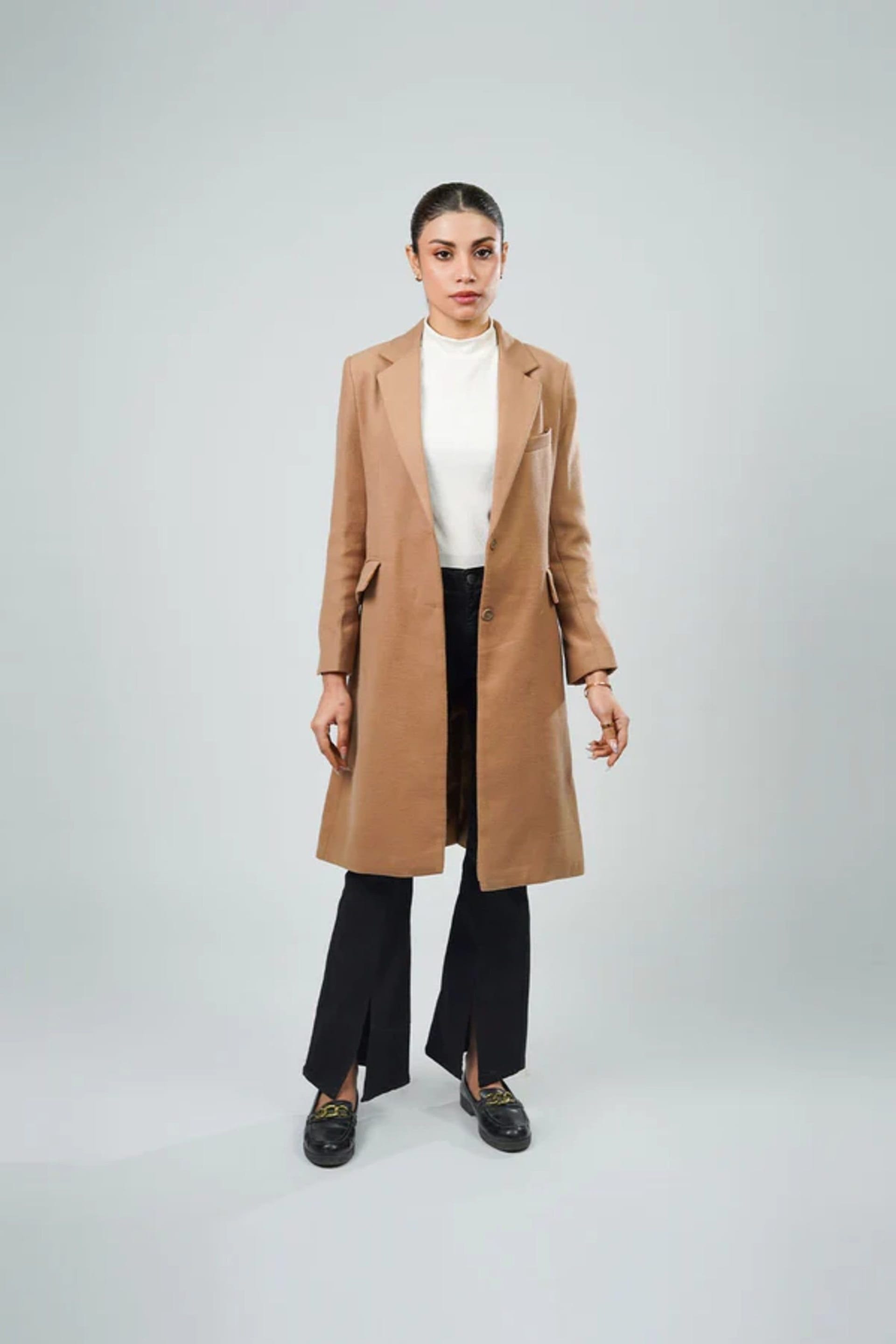 Zafosh Beige Longline Neutral Coat - Elegant Tone Long Coat