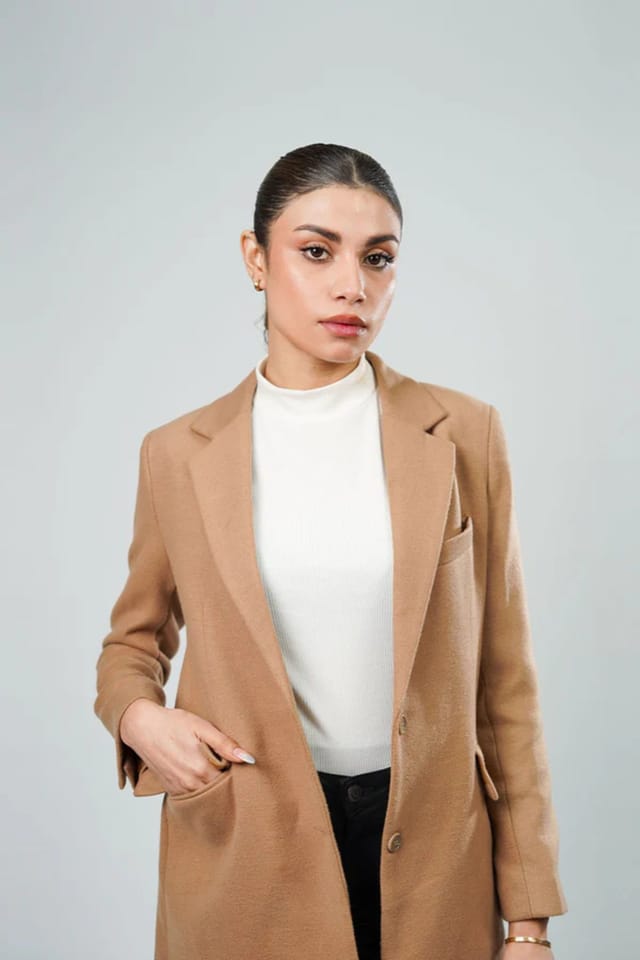 Zafosh Zafosh Women's Longline Neutral Coat - Elegant Tone Long Coat in Beige - 2