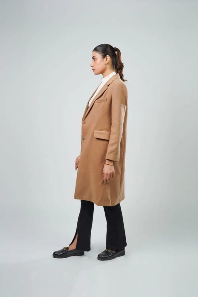 Zafosh Zafosh Women's Longline Neutral Coat - Elegant Tone Long Coat in Beige - 3