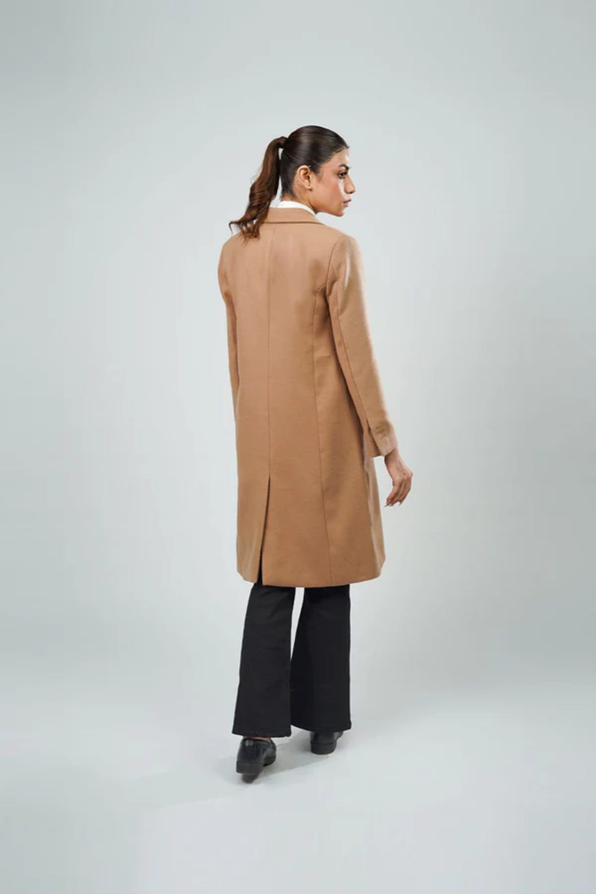 Zafosh Zafosh Women's Longline Neutral Coat - Elegant Tone Long Coat in Beige - 4
