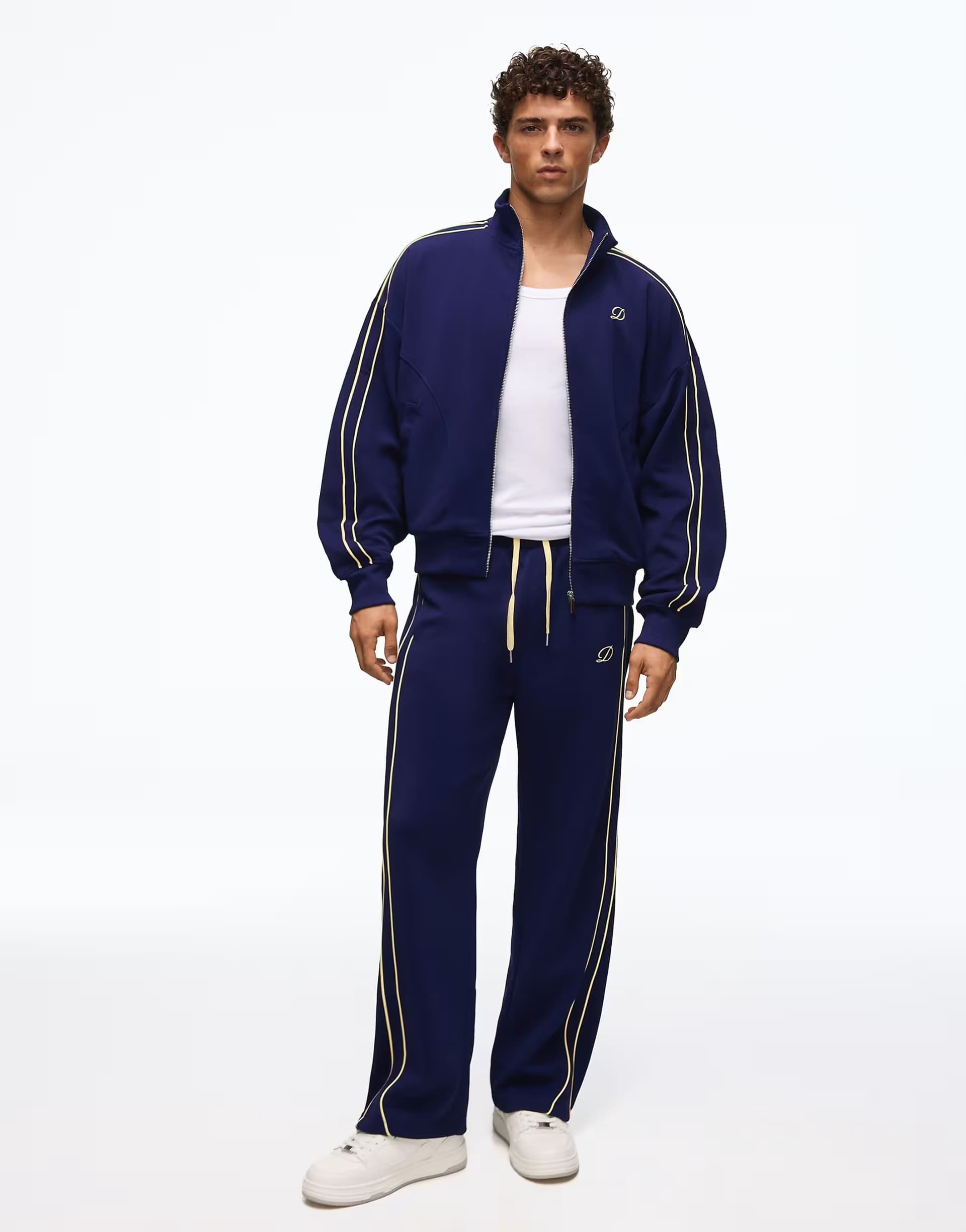 ASOS Bershka Wide-leg piqué trousers with piping in navy