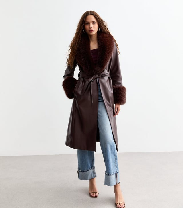 New Look Women's Burgundy Leather-Look Faux Fur Collar Belted Coat New Look - 2
