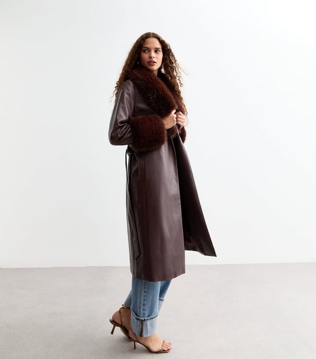 New Look Women's Burgundy Leather-Look Faux Fur Collar Belted Coat New Look - 3