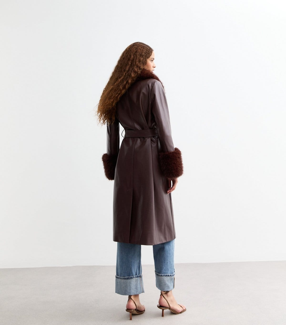 New Look Women's Burgundy Leather-Look Faux Fur Collar Belted Coat New Look - 4