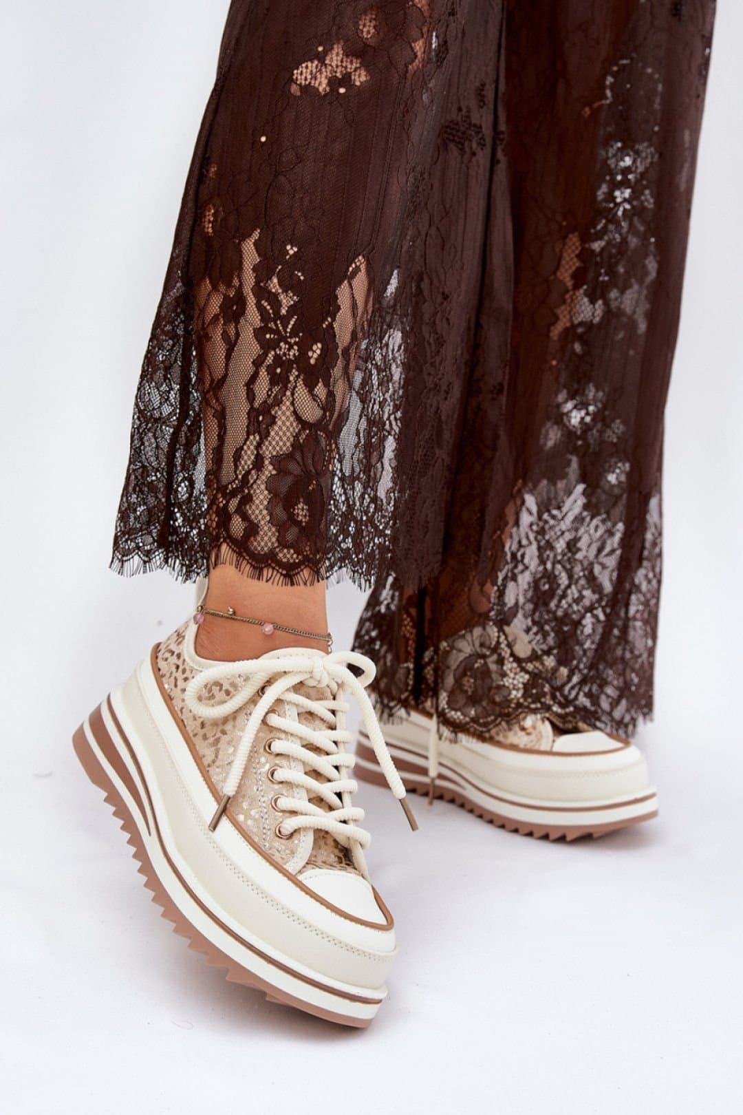Love Lace Love Lace Women's Textile Platform Sneakers with Thick Lacing for Comfort in Beige