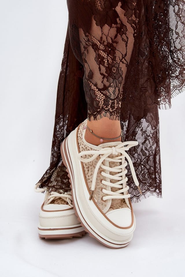 Love Lace Love Lace Women's Textile Platform Sneakers with Thick Lacing for Comfort in Beige - 3
