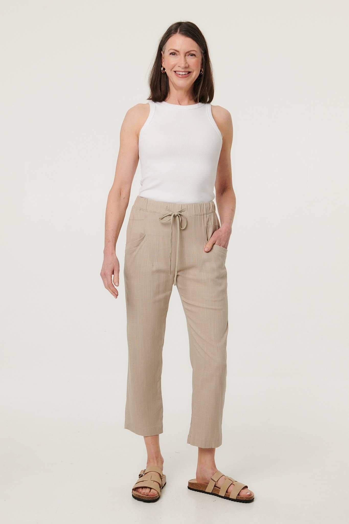 Izabel London Izabel London Women's Drawstring Tie Front Relaxed Trousers in Stone