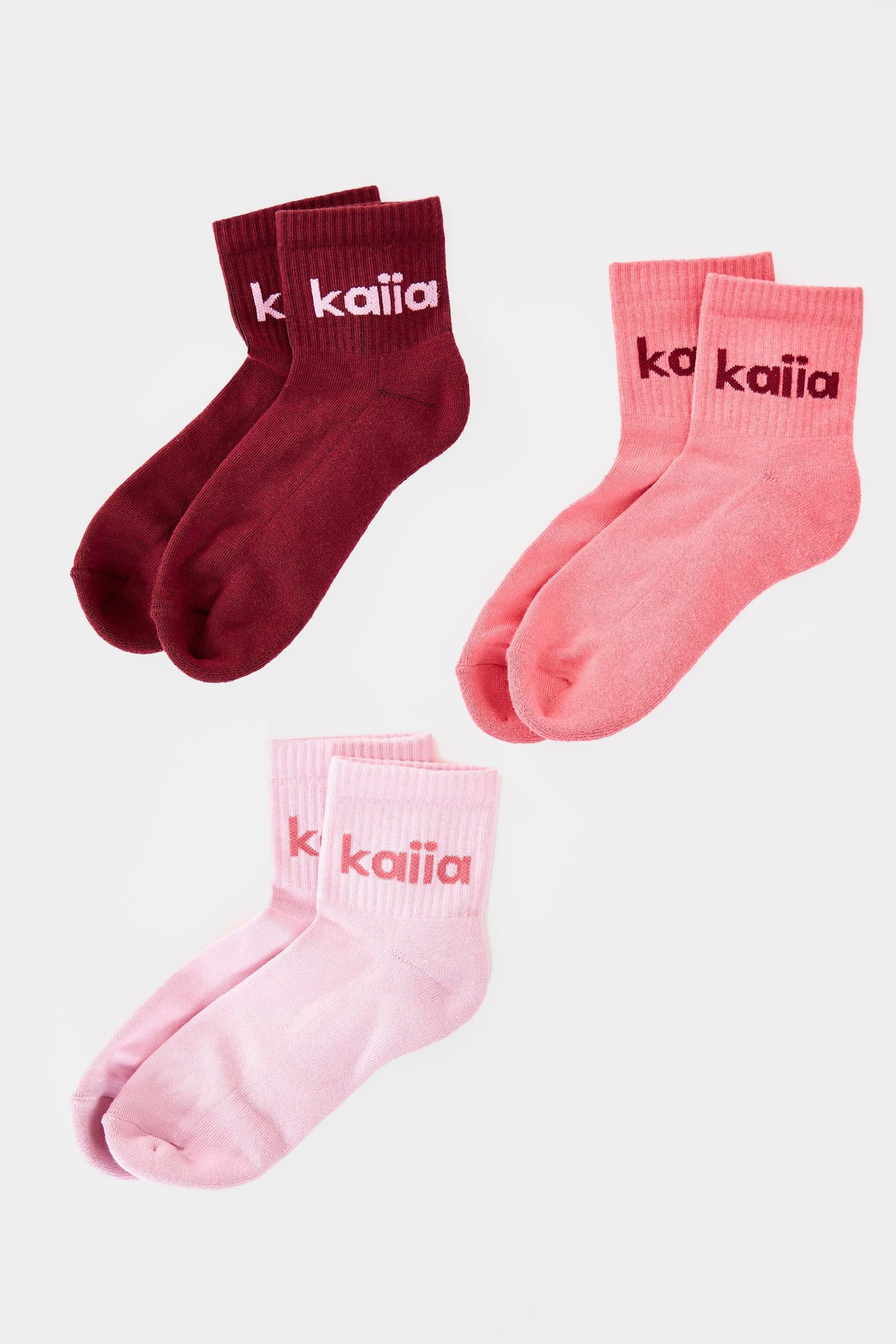 Kaiia Pack of Three Kaiia Logo Socks Baby Pink, Mid Pink & Burgundy